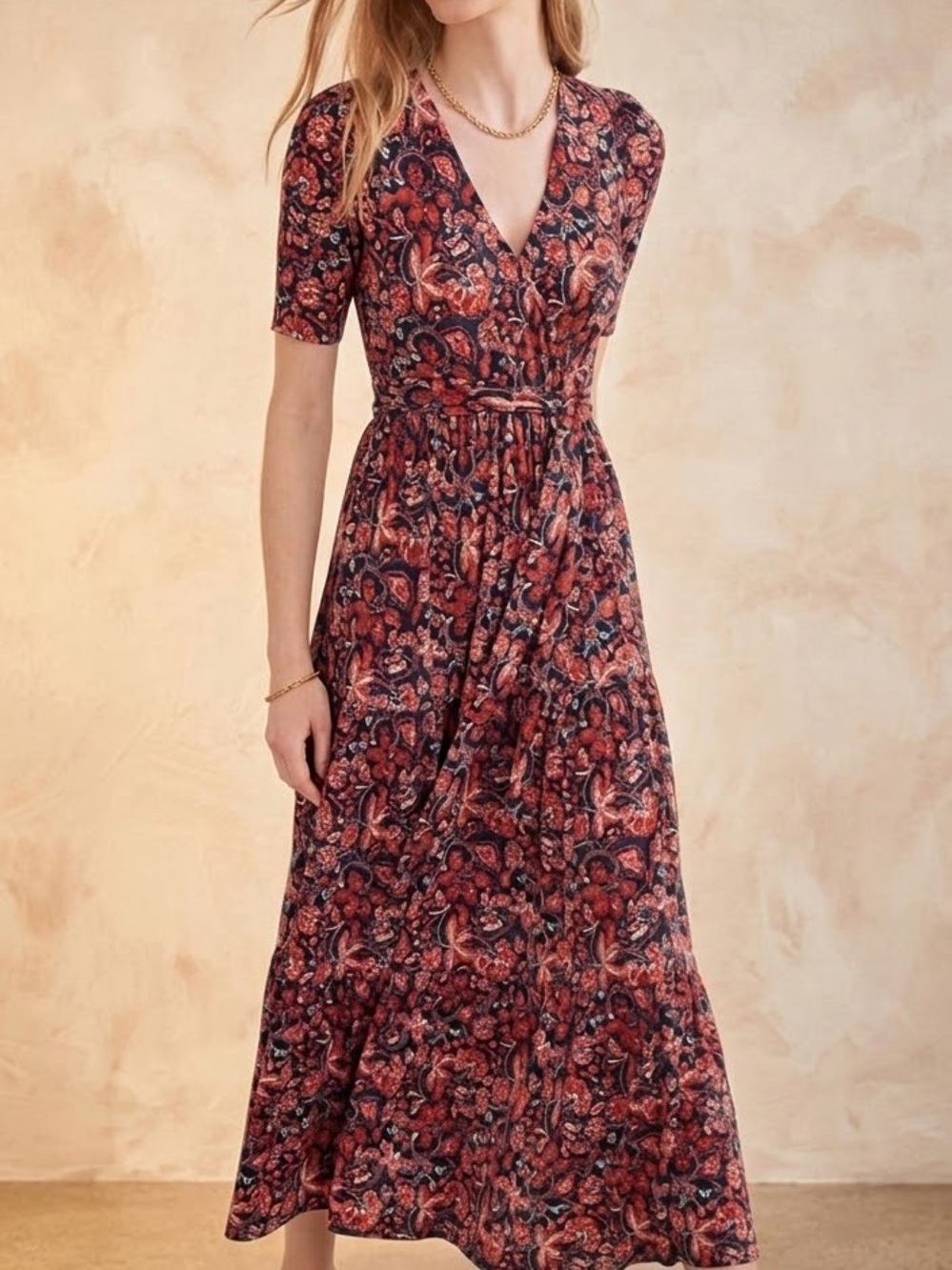 Boden Floral Jersey Knit Short Sleeve Tiered Faux Wrap Maxi Dress US 4R